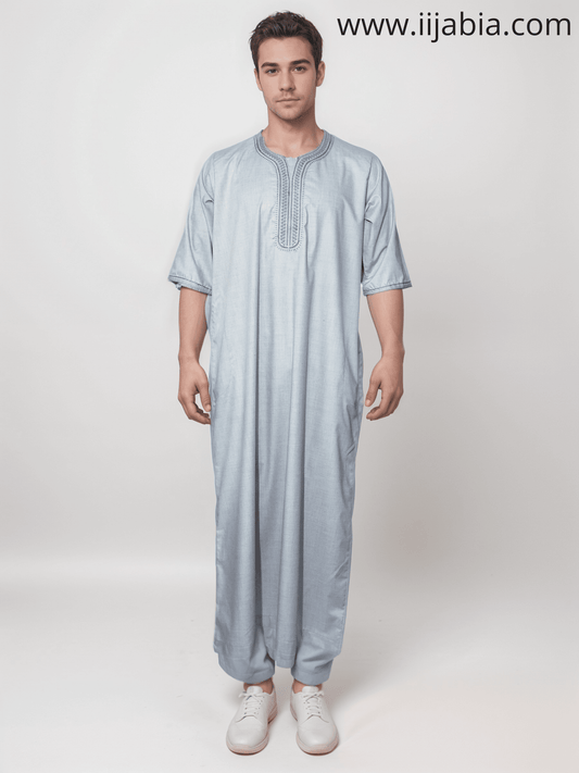 Moroccan Embroidery Mens Thobe - 3/4th Sleeves - Model 3 - IIJM3-2 - IIJABIA