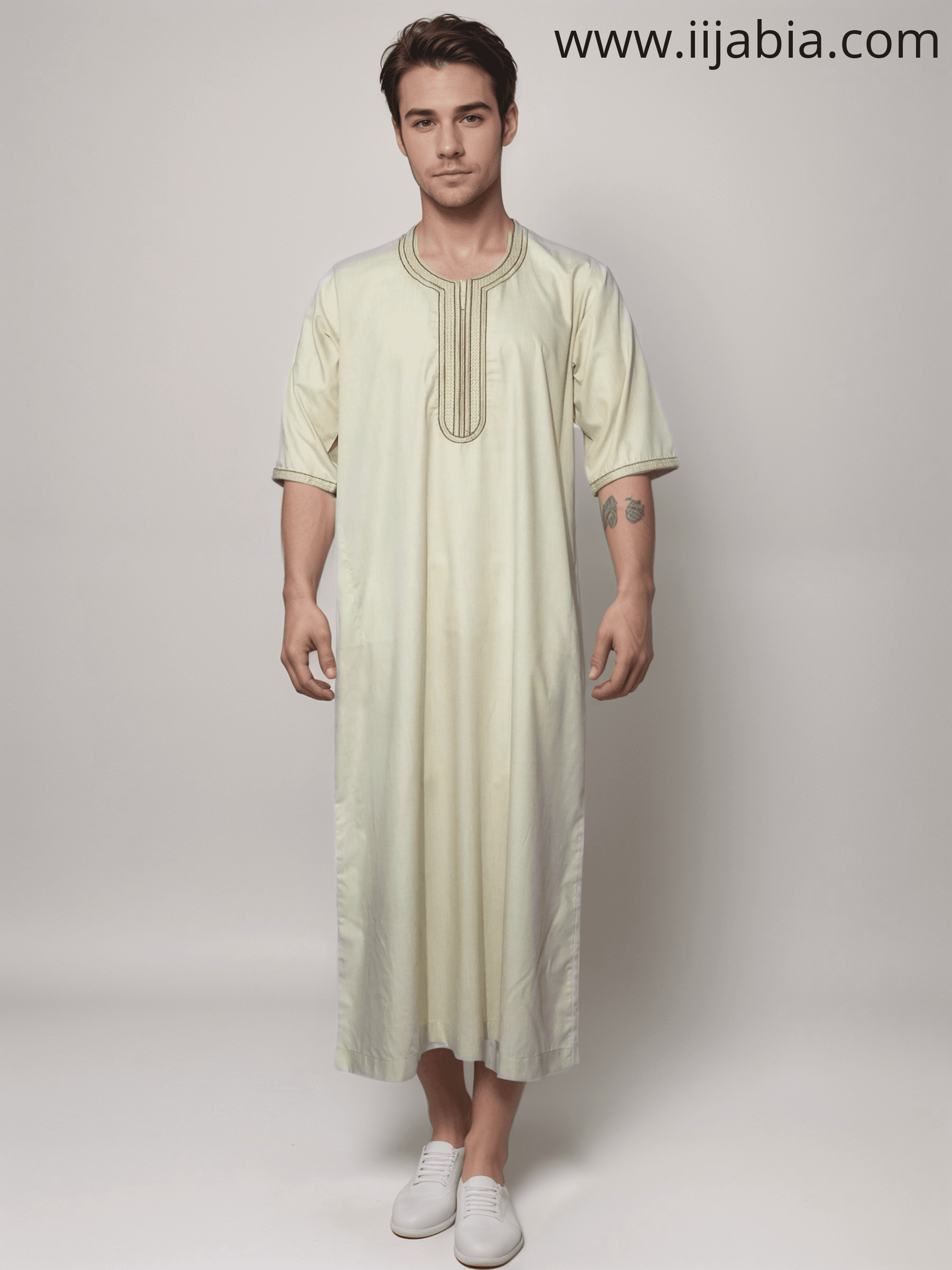 Moroccan Embroidery Mens Thobe - 3/4th Sleeves - Model 4 - IIJM4-3 - IIJABIA