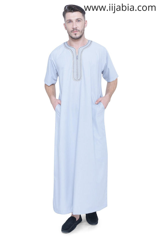 Moroccan Embroidery Mens Thobe - Half Sleeves - Light Blue - IIJABIA