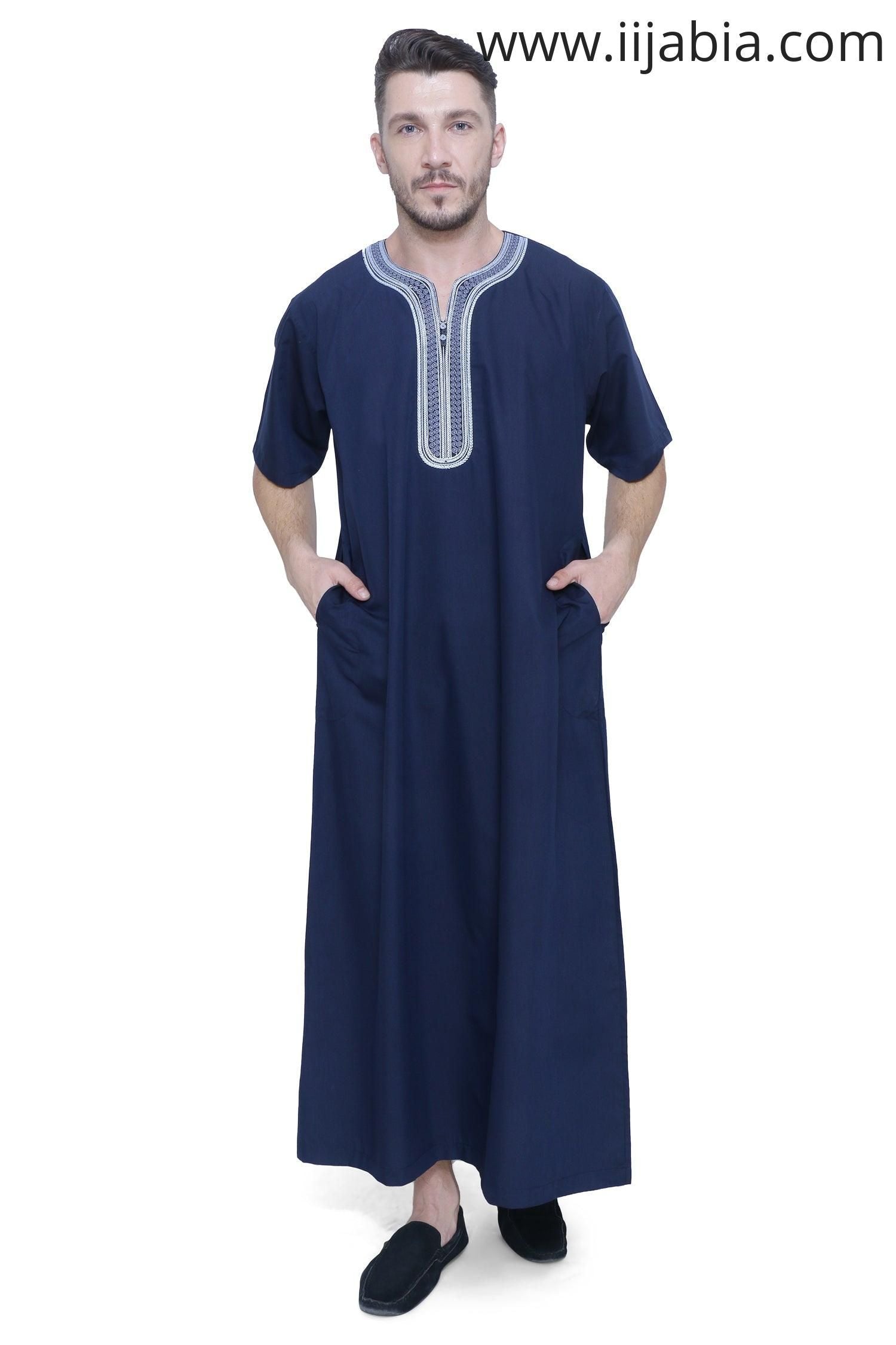 Moroccan Embroidery Mens Thobe - Half Sleeves - Navy Blue - IIJABIA