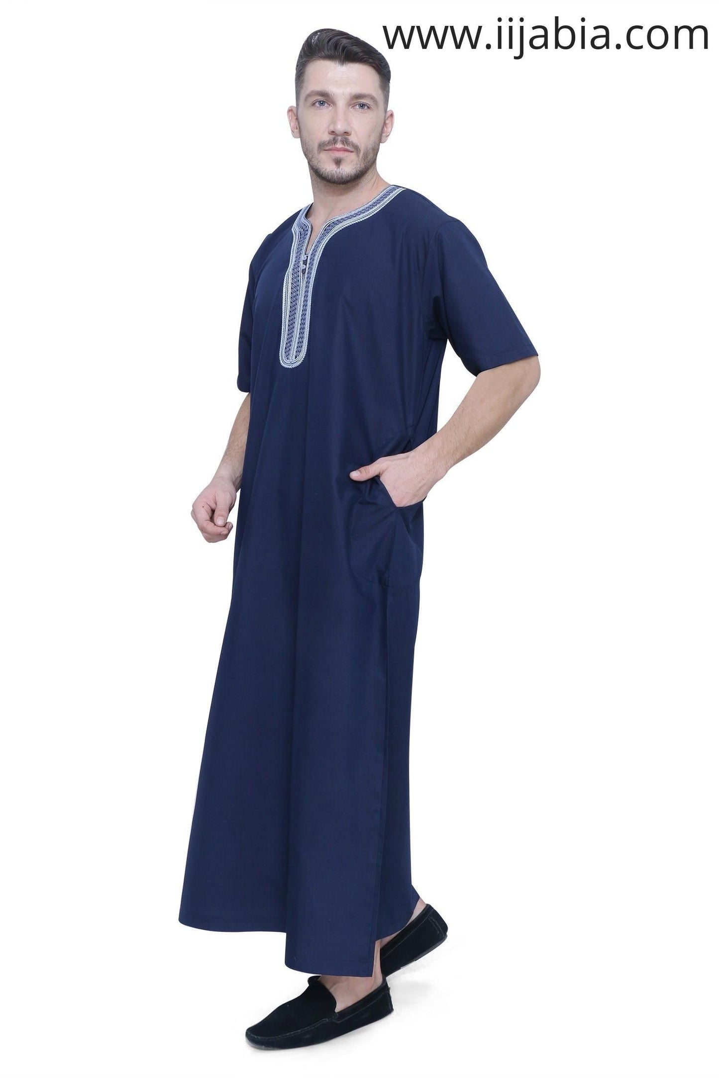 Moroccan Embroidery Mens Thobe - Half Sleeves - Navy Blue - IIJABIA