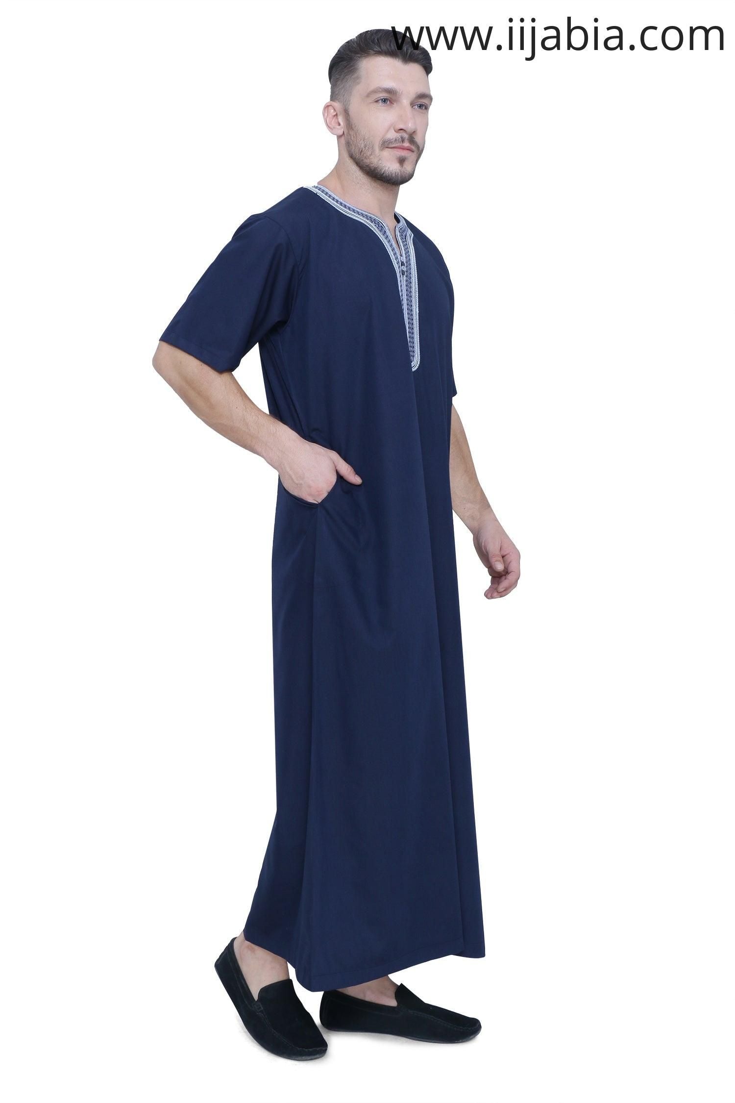 Moroccan Embroidery Mens Thobe - Half Sleeves - Navy Blue - IIJABIA