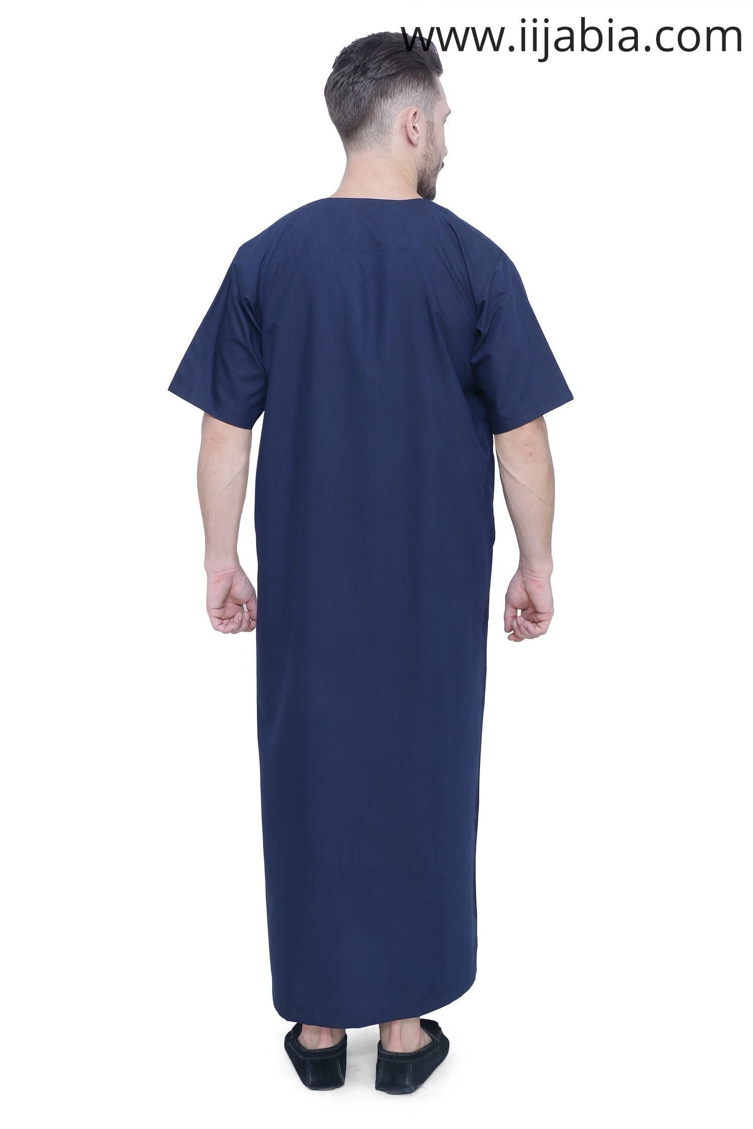 Moroccan Embroidery Mens Thobe - Half Sleeves - Navy Blue - IIJABIA