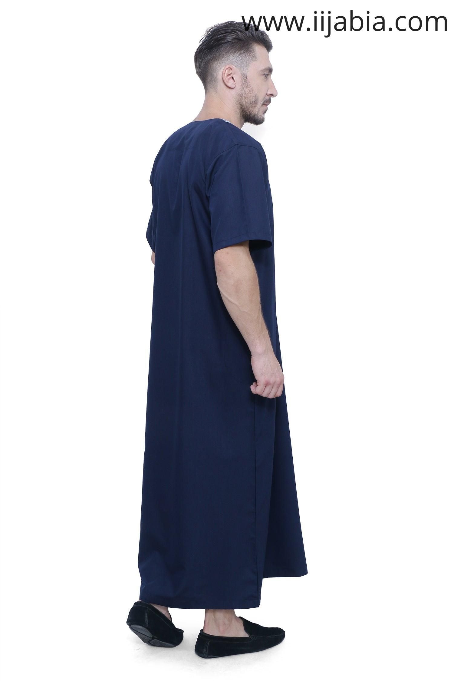 Moroccan Embroidery Mens Thobe - Half Sleeves - Navy Blue - IIJABIA