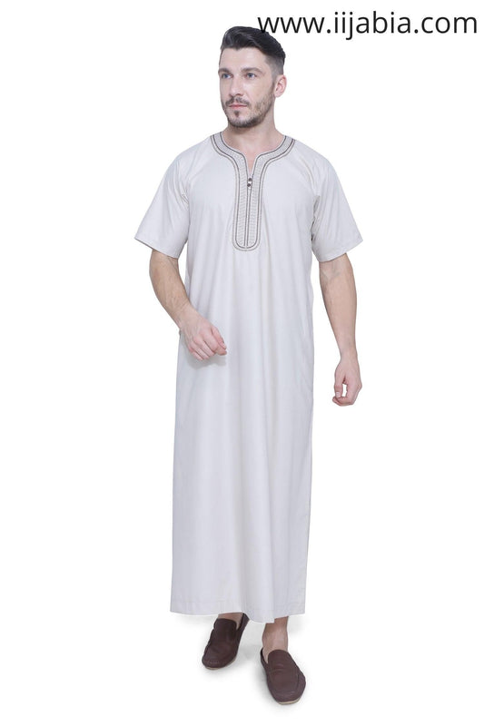 Moroccan Embroidery Mens Thobe - Half Sleeves - Off White - IIJABIA