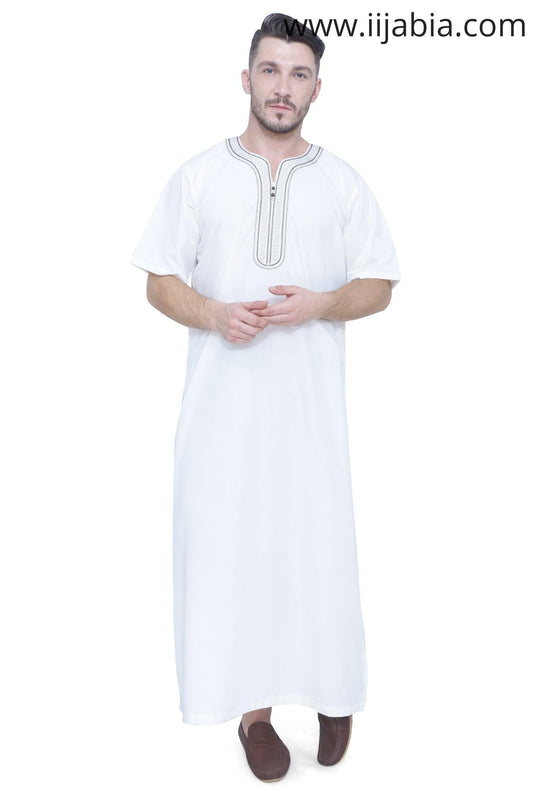 Moroccan Embroidery Mens Thobe - Half Sleeves - White - IIJABIA