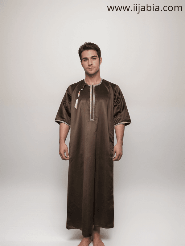 Taj 1 Embroidery Mens Thobe - 3/4th Sleeves - Indian Shiny Fabric - Brown - IIJABIA