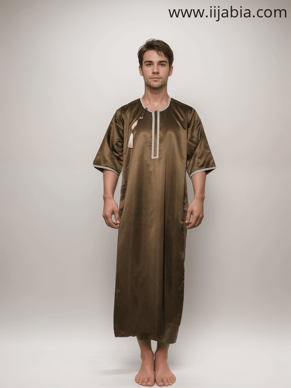 Taj 2 Embroidery Mens Thobe - 3/4th Sleeves - Indian Shiny Fabric - Mehndi Green - IIJABIA