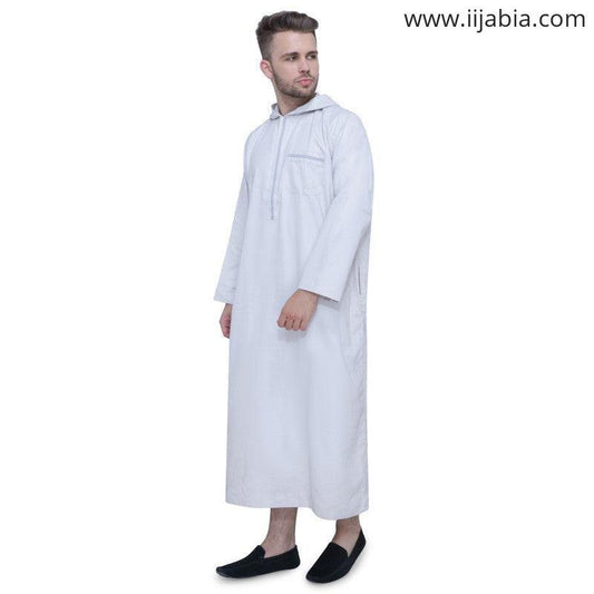 Mudhish Mens Thobe Hooded - Full Sleeves - White - IIJABIA