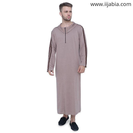 Muejab Mens Thobe Hooded - Full Sleeves - Brown - IIJABIA